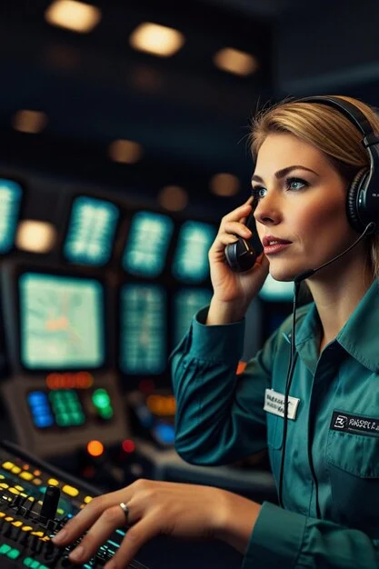 woman-uniform-talks-phone-while-wearing-headphones_644690-89627